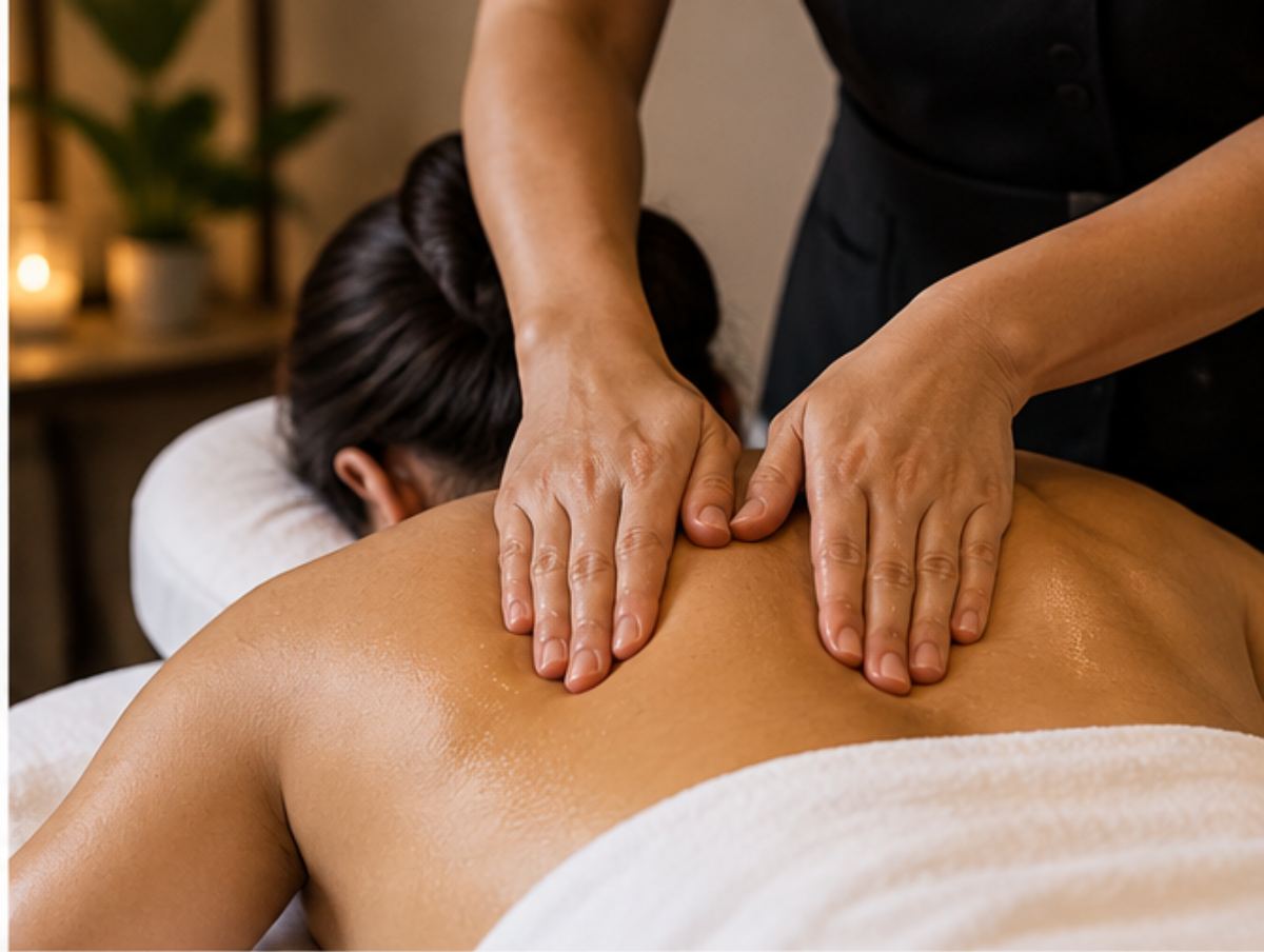 Therapist hands giving a deep tissue back massage with the client draped in a towel