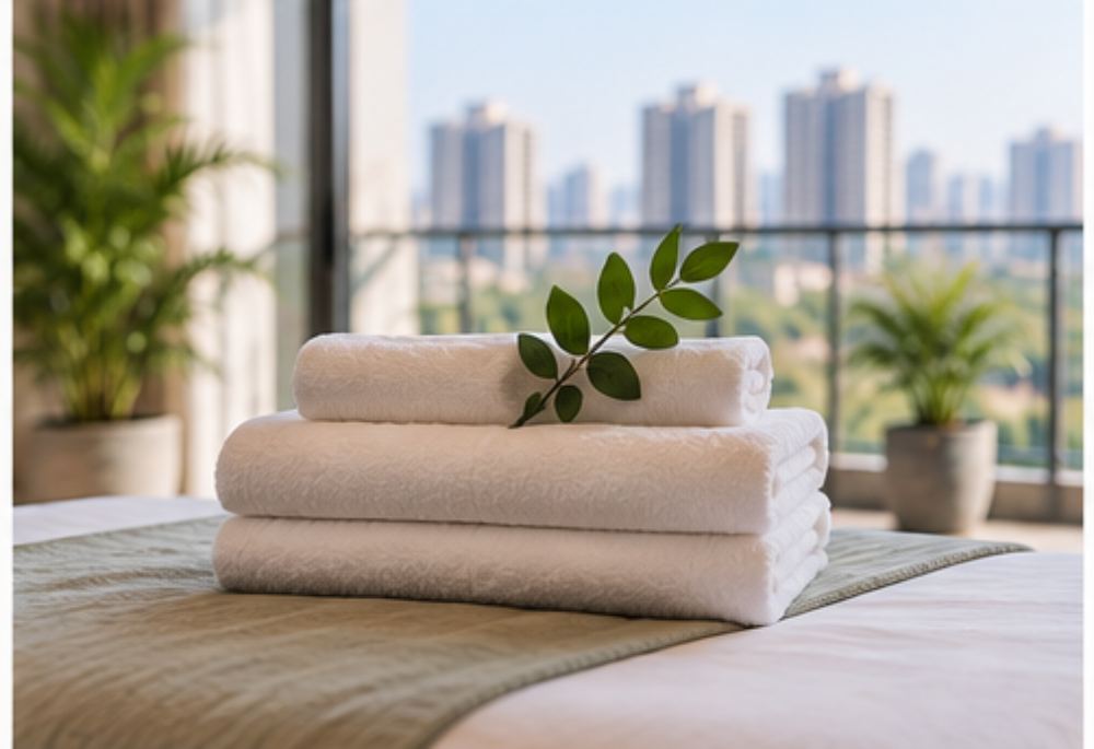 Stack of fresh white towels on a massage table by a window