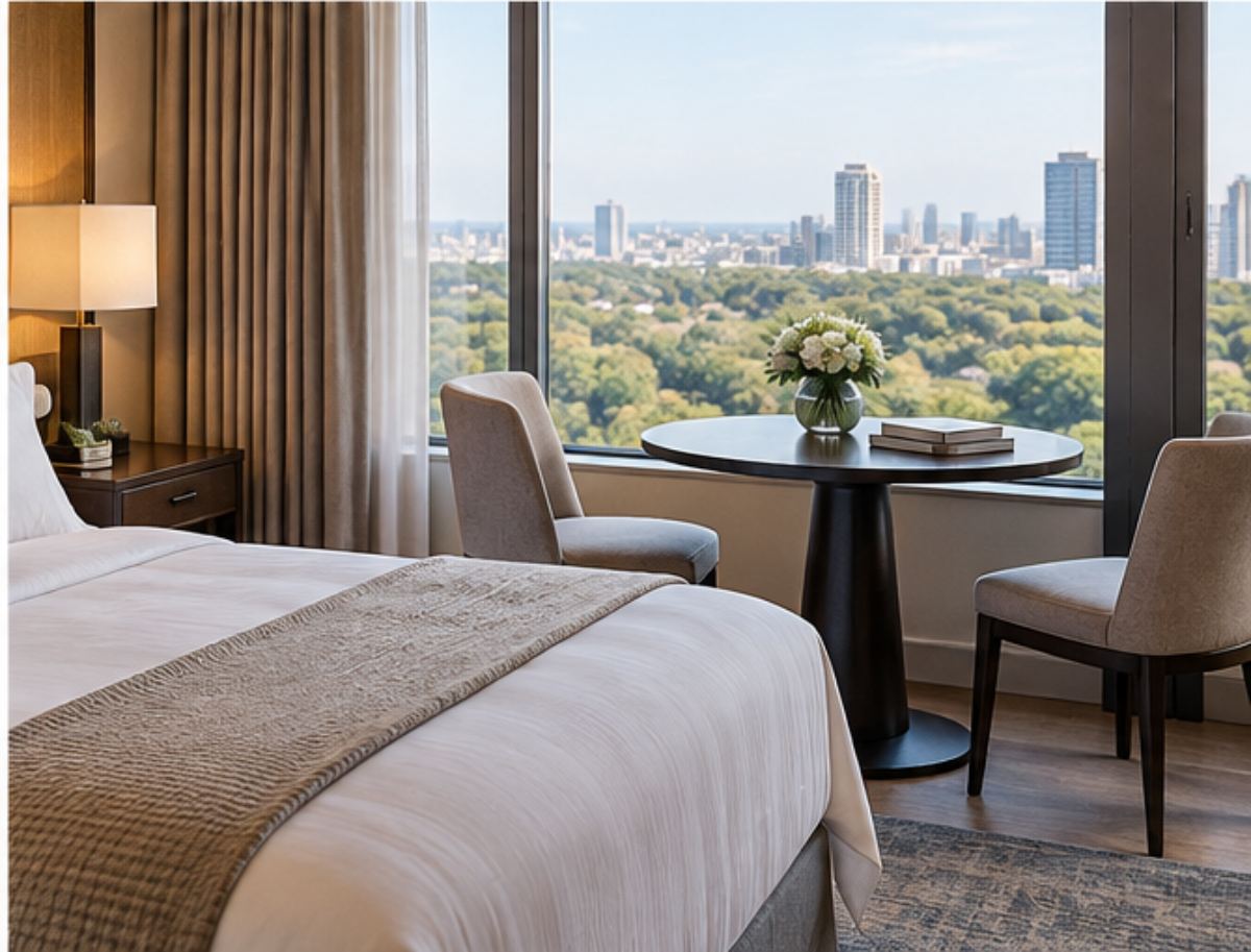 Noida hotel room with city view where in-room massage sessions are delivered