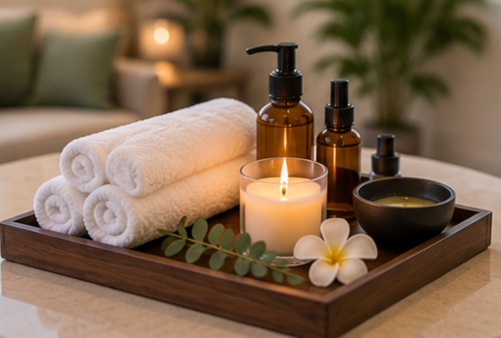 Tray of aromatherapy massage oils, rolled towels and a candle