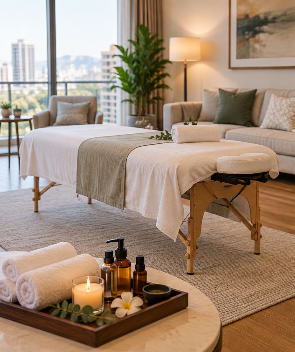 Portable massage table with fresh linens set up in a Noida apartment living room